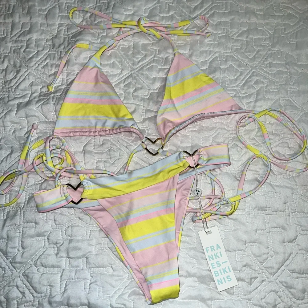 Frankie's Bikinis Pink and Yellow Striped Set